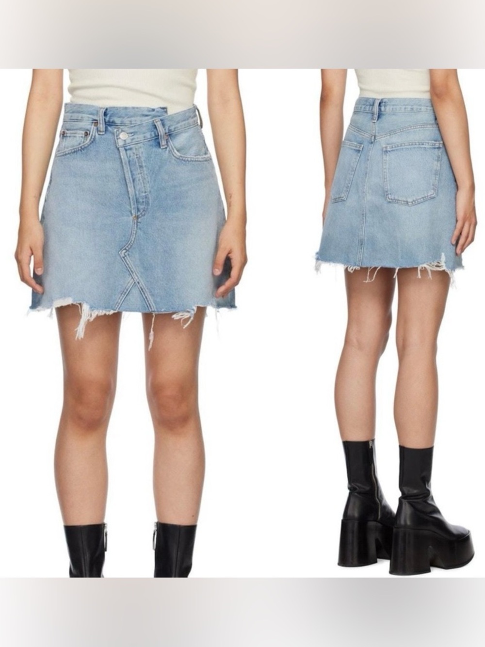 Agolde Light Blue Distressed Criss Cross  Denim Mini Skirt 28